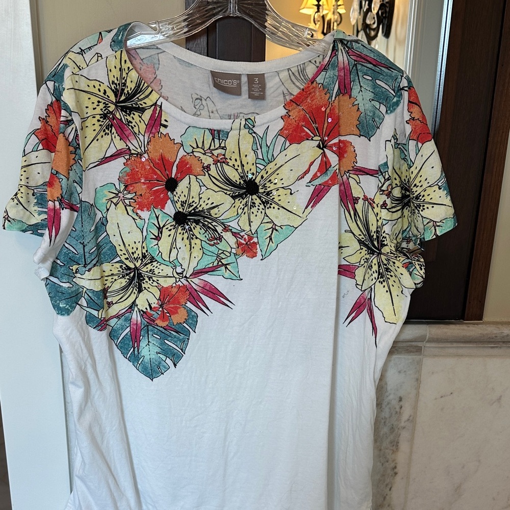 Chico's White Short-Sleeve Tee with Yellow, Teal and Coral Floral Print